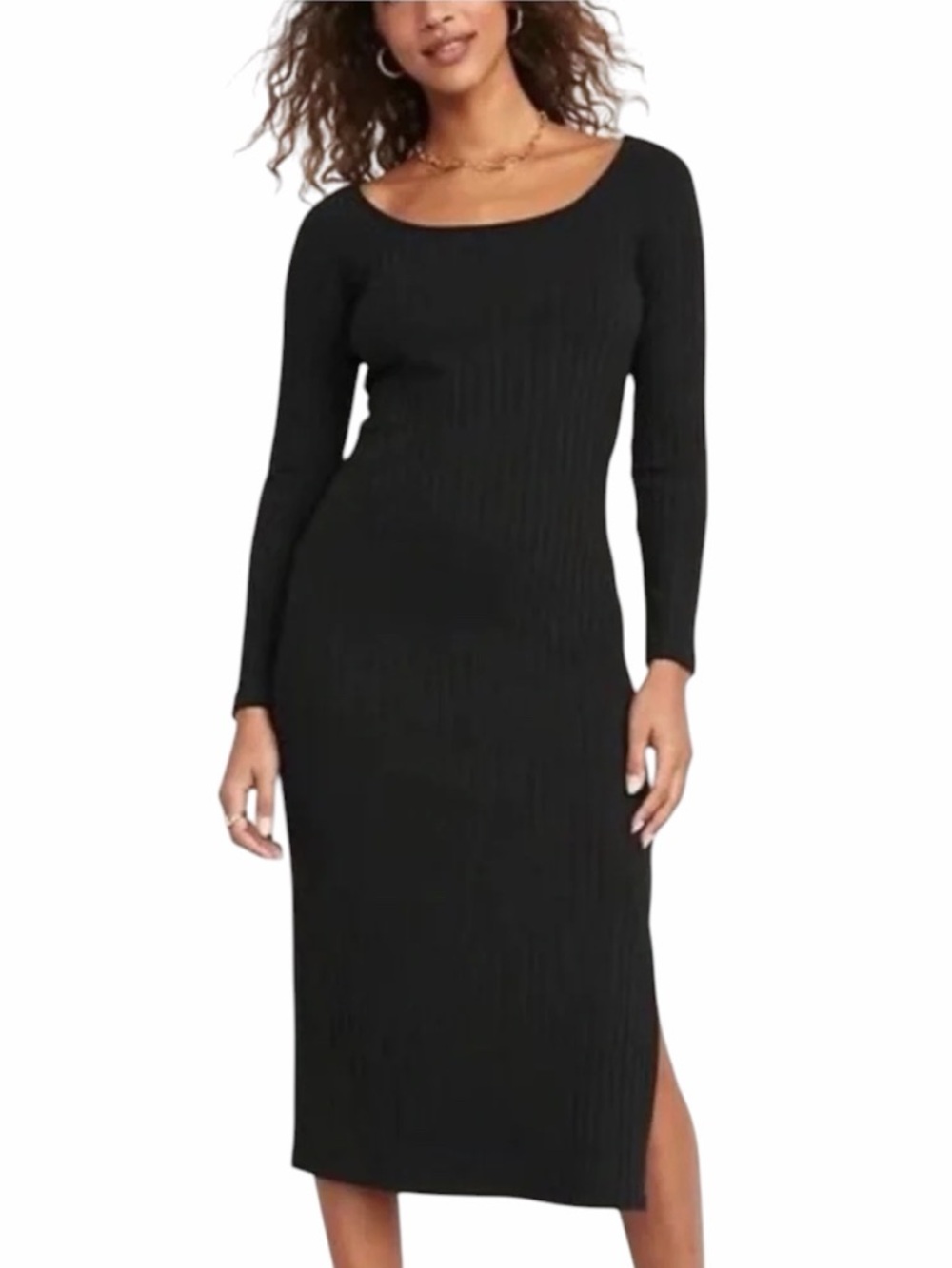 NEW Old Navy Black Scoop Neck Ribbed Long-Sleeve Knit Midi Dress Size Small